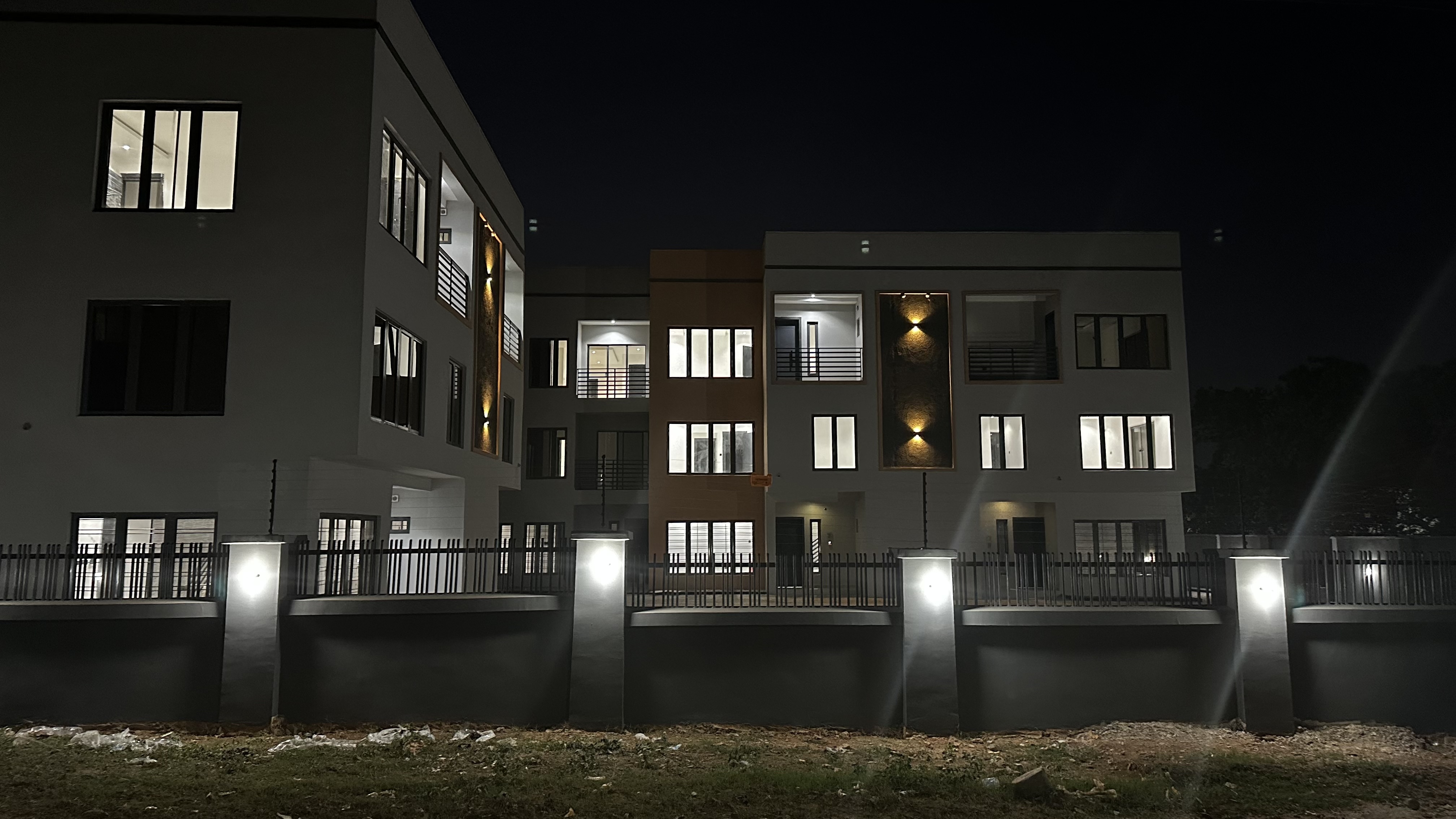 Fully completed and illuminated Andrews Court residential development